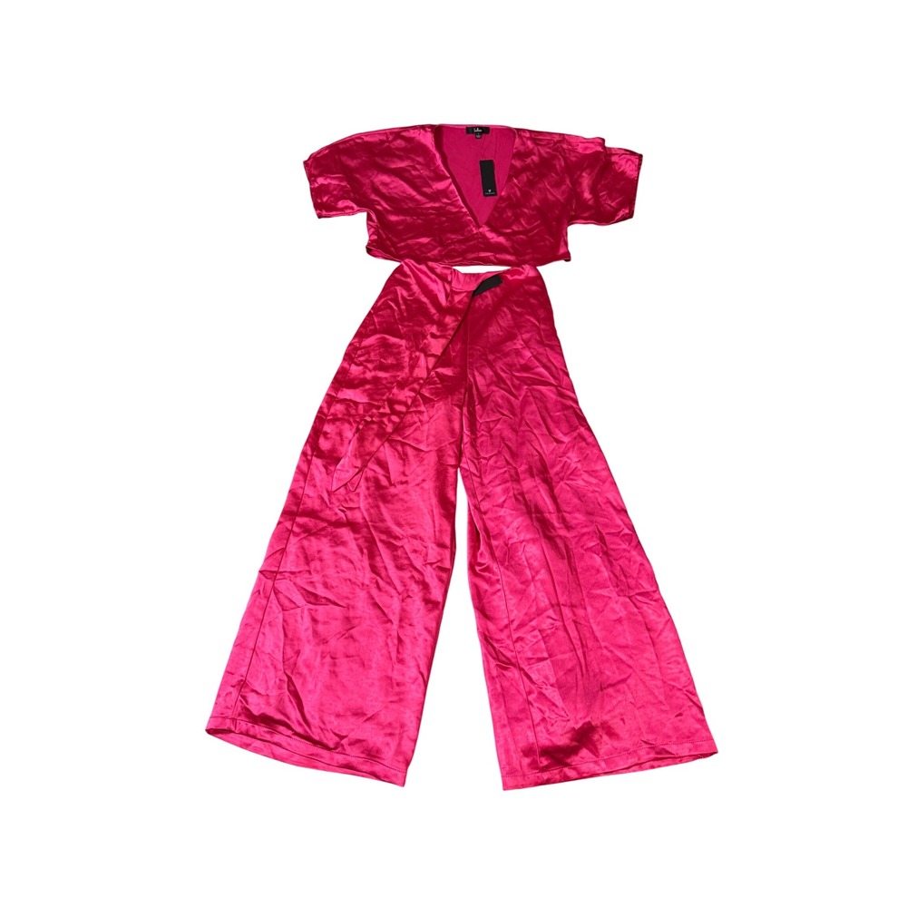 NWT Lulus Size Small Flirt For Fun Fuchsia Tie-Front Two-Piece Wide-Leg Jumpsuit - Picture 3 of 9